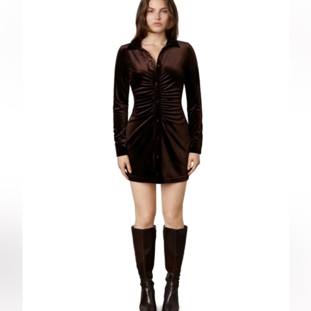 NIA Laurel Velvet Mini Shirt Dress S Brown